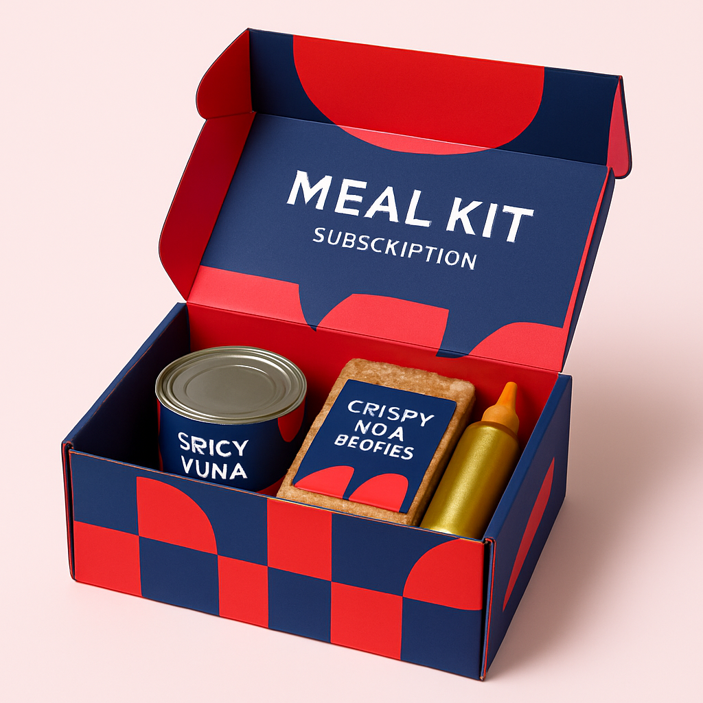 The ALBA Kit subscription box with tuna cans, crispy rice blocks, and a golden squeeze bottle