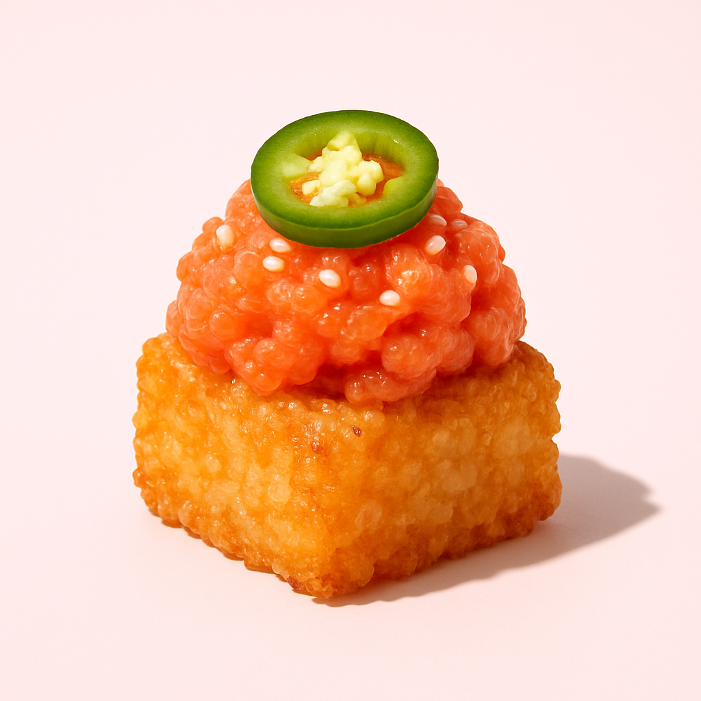 Golden crispy rice square topped with coral spicy tuna and a green jalapeño slice